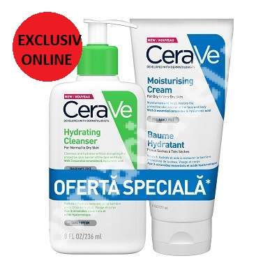 Crema hidratanta pentru fata si corp, piele uscata si foarte uscata, 177 ml +  Gel de spalare hidratant, piele normal-uscata, 236 ml, CeraVe