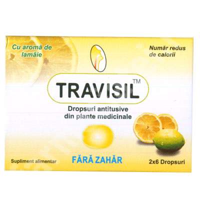 Dropsuri antituse din plante medicinale cu aroma de lamaie, Travisil, 12 bucati, Plethico Pharm