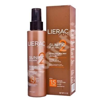 Lapte spray cu textura irizata si efect de activare a bronzului si anti-aging SPF 15 Sunific Suncare 2, 150 ml, Lierac