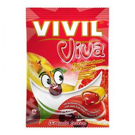 Bomboane tari umplute cu sirop cu aroma de fructe si vitamina C Viva, 145 g, Vivil