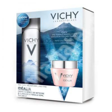 Pachet Crema netezire si iluminare ten uscat Idealia, 50 ml +  Apa termala mineralizanta, 150 ml, Vichy