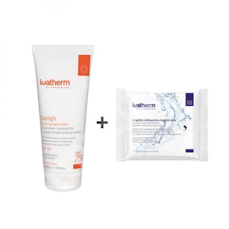 Pachet Lapte hidratant Sunlight SPF25, 200 ml, + Servetele demachiante 25 bucati, Ivatherm