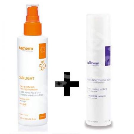 Pachet Lapte protectie solara pentru fata si corp SPF 50+ Sunlight, 200 ml + Apa termala Herculane Spray 200 ml, Ivatherm