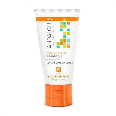 Sampon cu ulei de argan si unt de shea pentru par uscat si deteriorat Moisture Rich Andalou, 50 ml, Secom