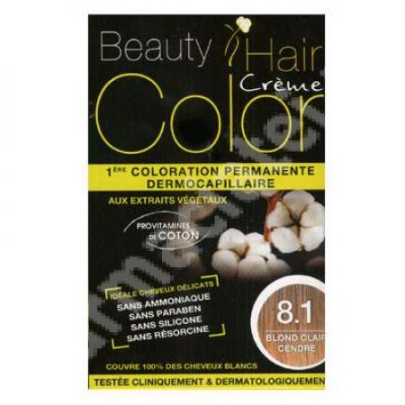 Vopsea de par cu extracte vegetale si bumbac Light Ash Blonde, Nuanta 8.1, 160 ml, Beauty Hair Color