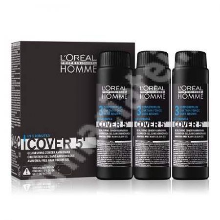 Vopsea de par pentru barbati Homme Cover 5 Saten Inchis, 3 doze x 50 ml, Loreal Professionnel