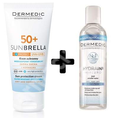 Pachet Crema pentru protectie solara SPF 50+, ten normal - uscat Sunbrella, 50g + Apa micelara H2O Hydrain3 , 100 ml, Dermedic