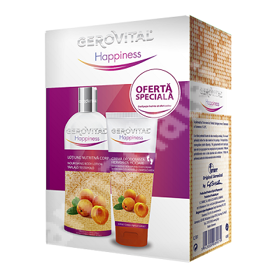 Pachet lotiunea nutritiva cu extract de caise, 200 ml + crema caise deodoranta hidratanta pentru picioare Happiness, 100 ml, Gerovital