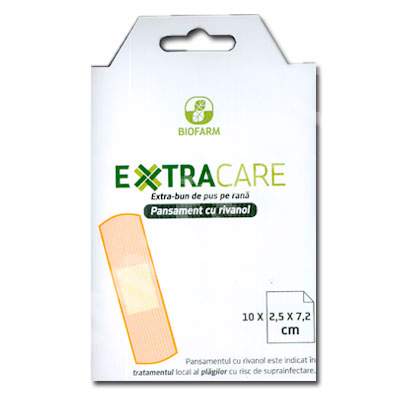 Pansament cu rivanol Extracare, 2.5x7.2 cm, 10 bucati, Biofarm