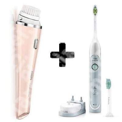 Perie rotativa cu vibratii pentru curatarea tenului Visa Pure Essential + Periuta de dinti electrica sonica reincarcabila HealthyWhite, HX6712/43, Philips Sonicare