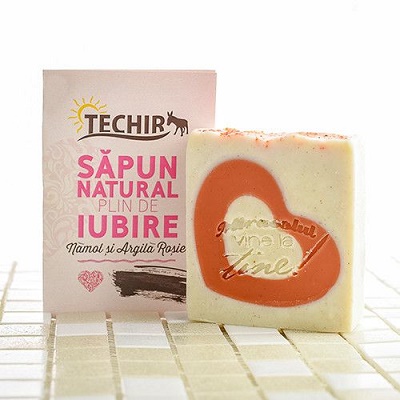 Sapun natural plin de iubire cu namol si argila rosie, 120 g, Techir