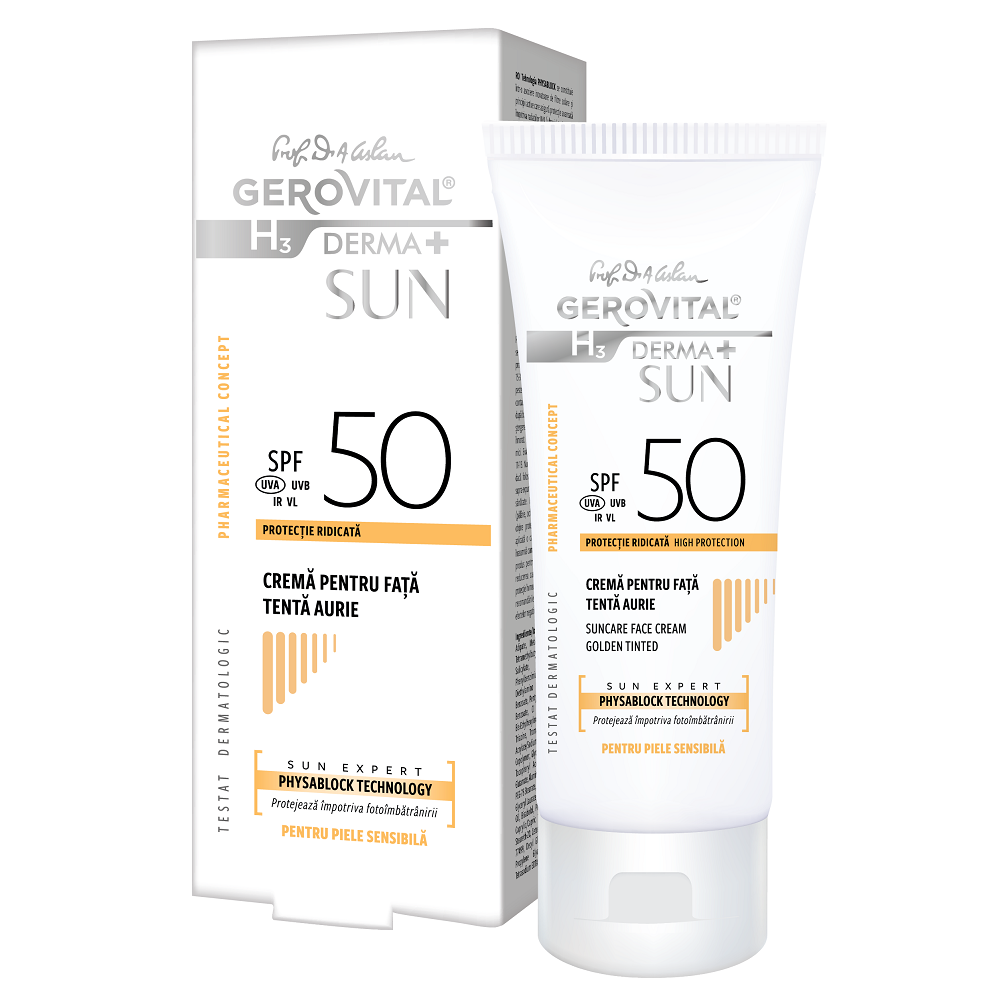 Crema de protectie solara pentru fata cu SPF 50 H3 Derma+ Sun, Tenta Aurie, 150 ml, Gerovital