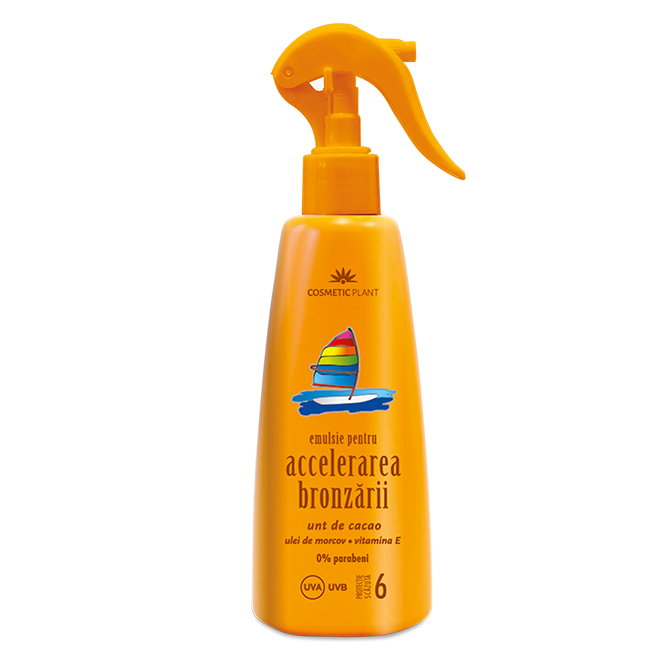 Emulsie pentru accelerarea bronzarii SPF 6 cu unt de cacao, ulei de morcov si vitamina E, 200 ml, Cosmetic Plant