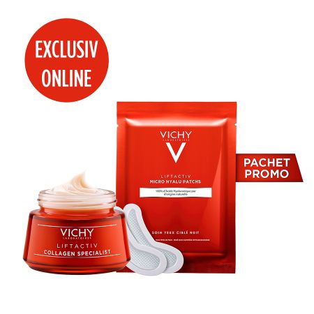 Pachet Crema de zi antirid Liftactiv Collagen Specialist, 50 ml + Plasturi antirid pentru zona ochilor Liftactiv Micro Hyalu Patches, 2 bucati, Vichy