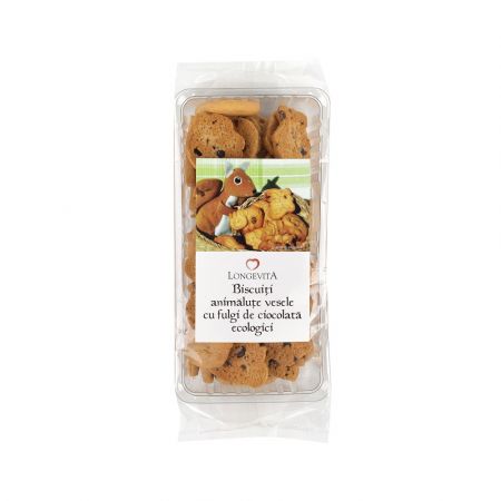 Biscuiti eco cu fulgi de ciocolata animalute vesele, 140 g, Longevita