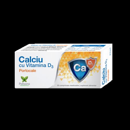 Calciu cu Vitamina D3 cu aroma de portocale, 30 comprimate, Polisano