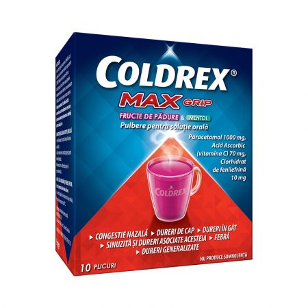 Coldrex MaxGrip cu fructe de padure si mentol, 10 plicuri, Perrigo