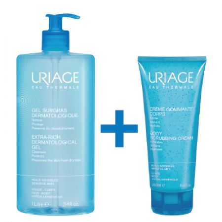 Pachet Gel de curatare surgras, 1000 ml + Crema exfolianta de corp, 200 ml, Uriage