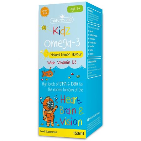 Sirop Kidz Omega-3 cu aroma naturala de lamaie si vitamina D3, 150 ml, Natures Aid