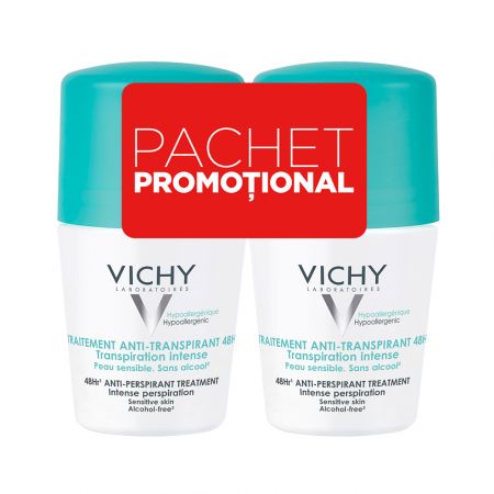 Pachet Deodorant roll-on antiperspirant cu parfum 48h, 50 ml + 50 ml, Vichy