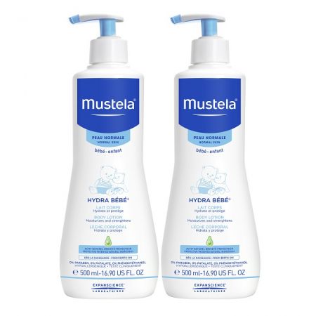 Pachet Lotiune de corp hidratanta pentru piele normala Hydra Bebe, 500 + 500 ml, Mustela