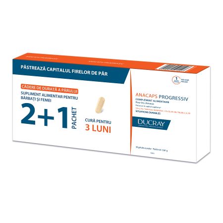 Pachet Supliment pentru par Anacaps Progressiv, 30 capsule, Ducray (2+1)