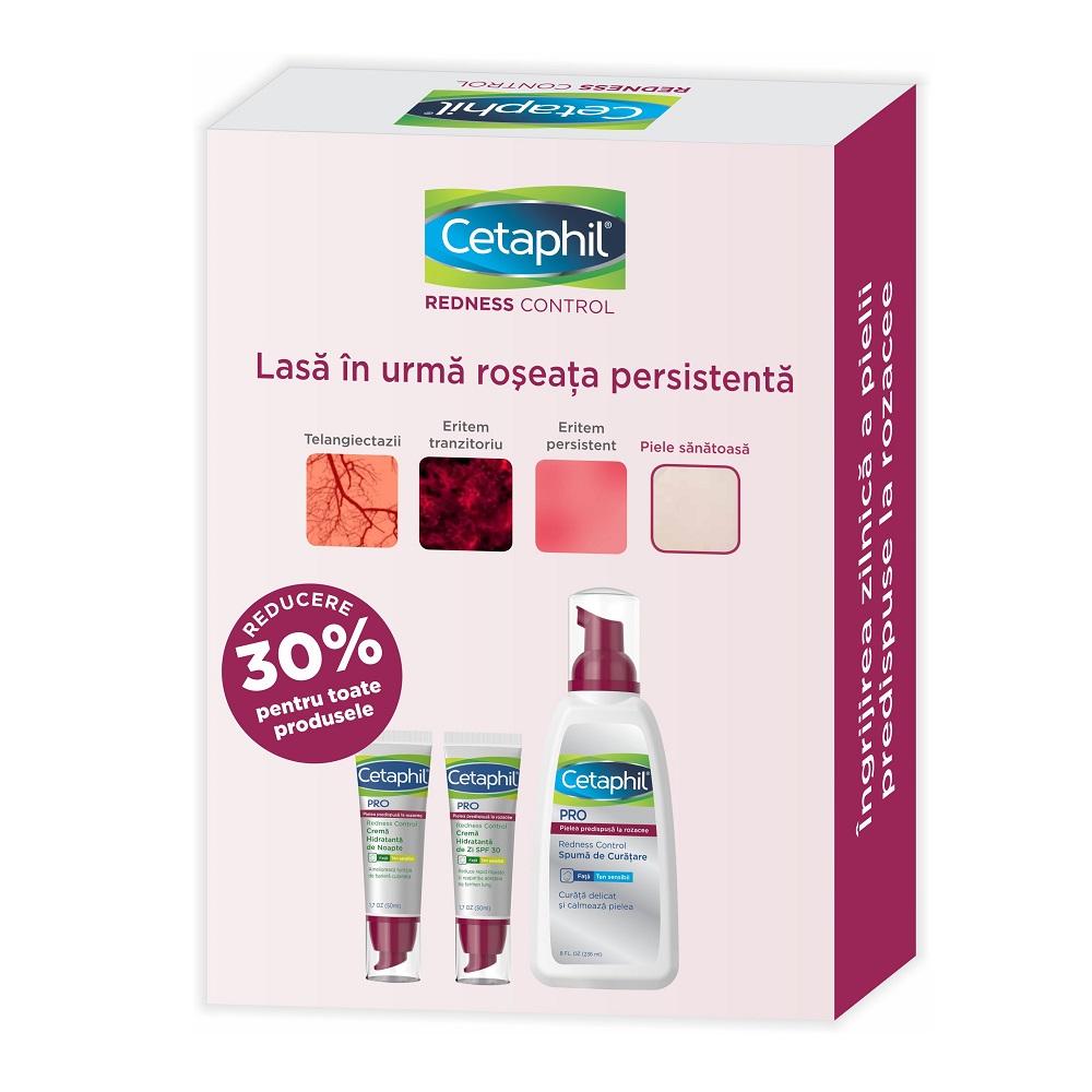 Pachet Control Crema hidratanta de zi cu SPF 30 Redness Control PRO, 50 ml + Crema hidratanta de noapte, 50 ml + Spuma de curatare, 236 ml, Cetaphil