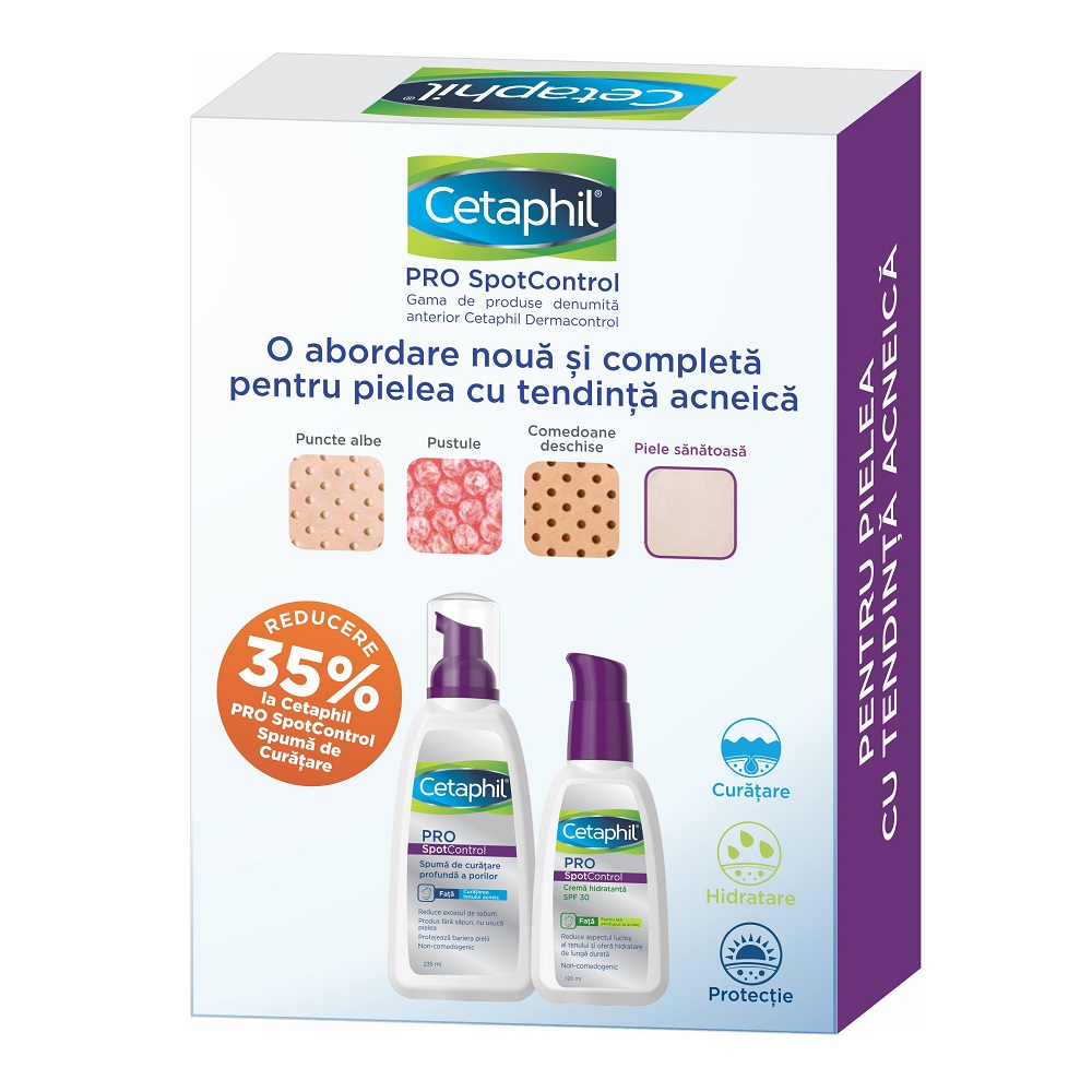 Pachet Spuma de curatare SpotControl PRO, 235 ml + Crema hidratanta SPF 30, 120 ml, Cetaphil