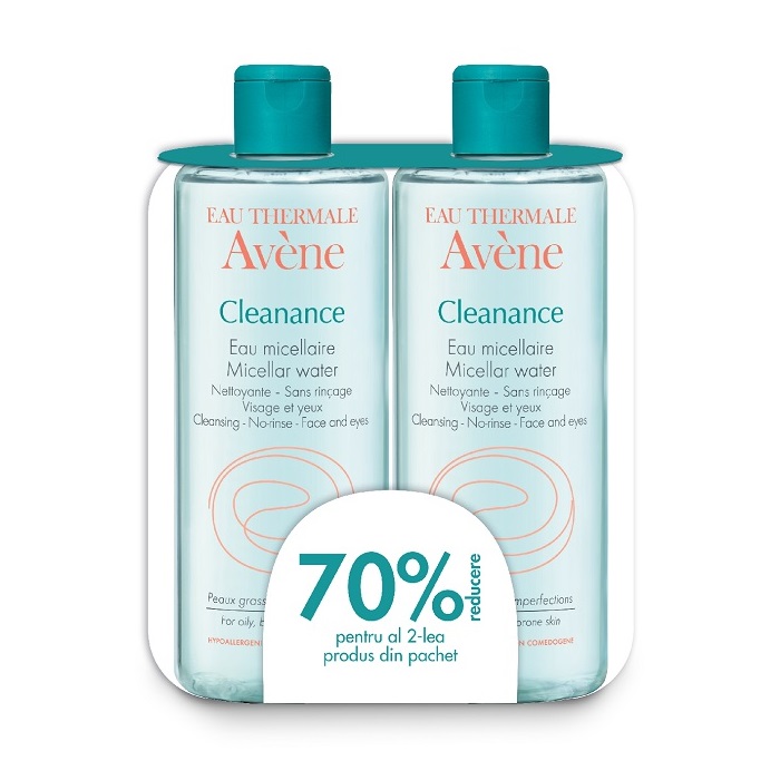 Pachet Apa micelara pentru ten gras cu tendinta acneica Cleanance, 400 ml + 400 ml, Avene