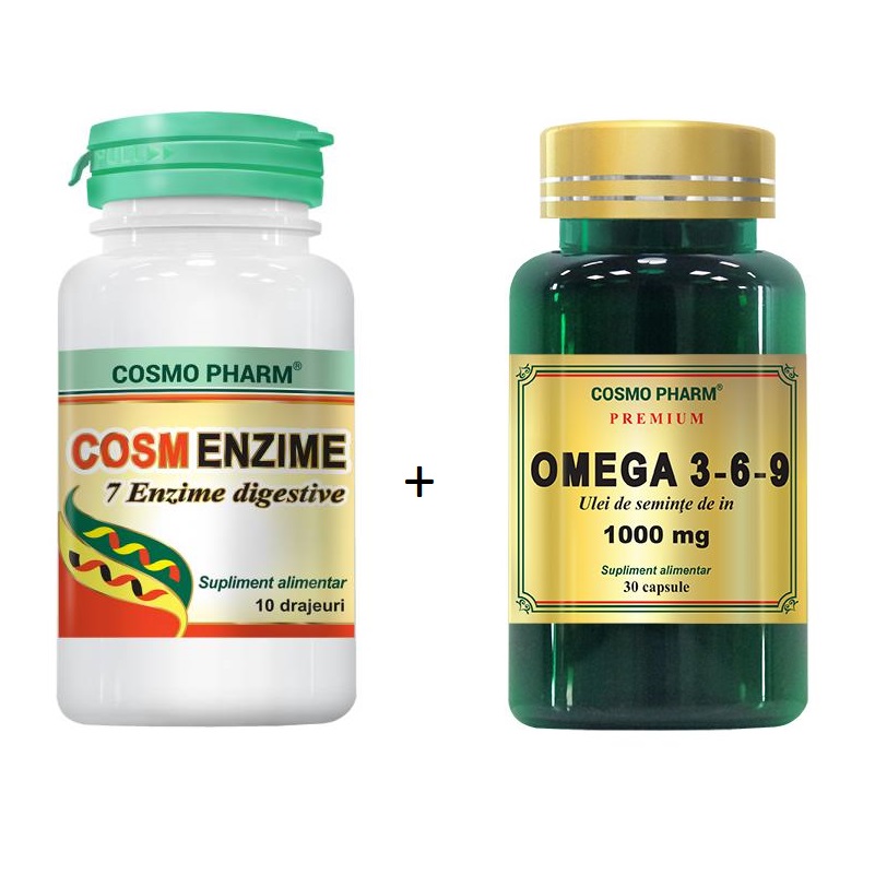 Pachet Cosmenzime, 10 drajeuri + Premium Omega 3-6-9 Ulei seminte de In, 30 capsule, Cosmopharm