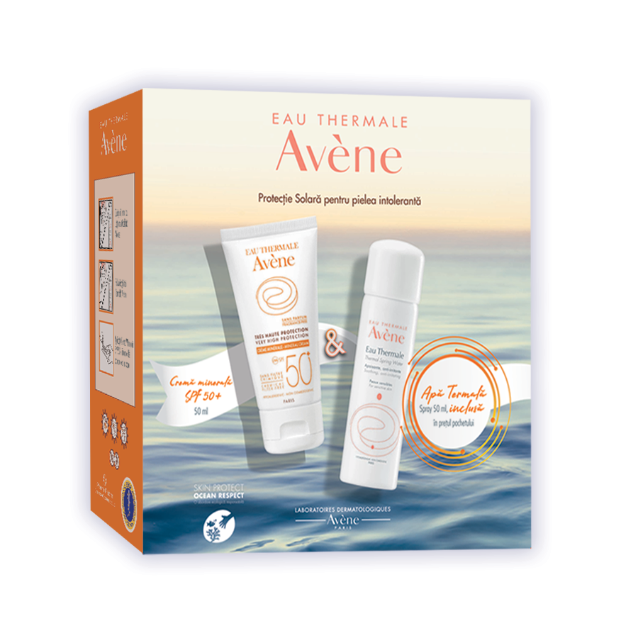 Pachet Crema minerala pentru protectie solara SPF 50+, 50 ml + Apa termala spray, 50 ml, Avene