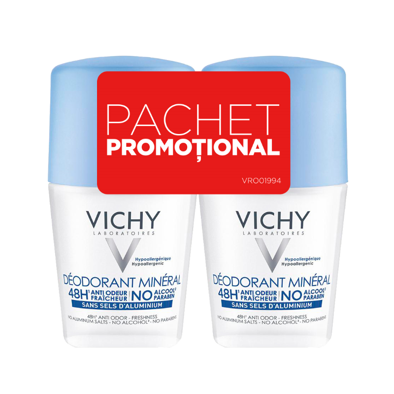 Pachet  Deodorant roll-on mineral fara saruri de aluminiu 48h, 50 ml + 50 ml, Vichy