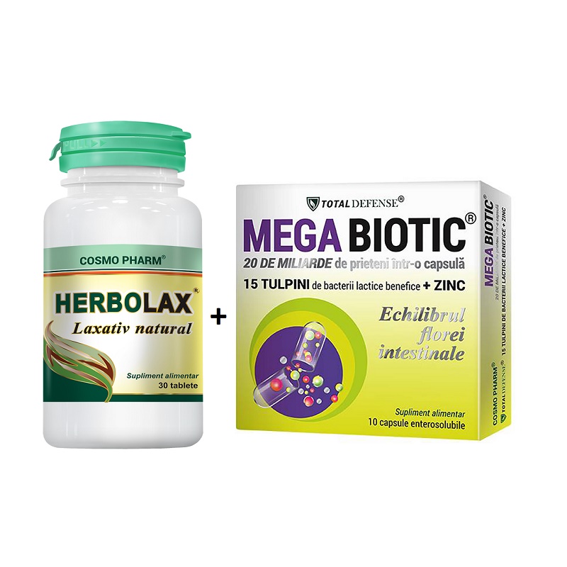 Pachet Herbolax, 30 tablete + Mega Biotic Zinc Total Defense, 10 capsule, Cosmopharm