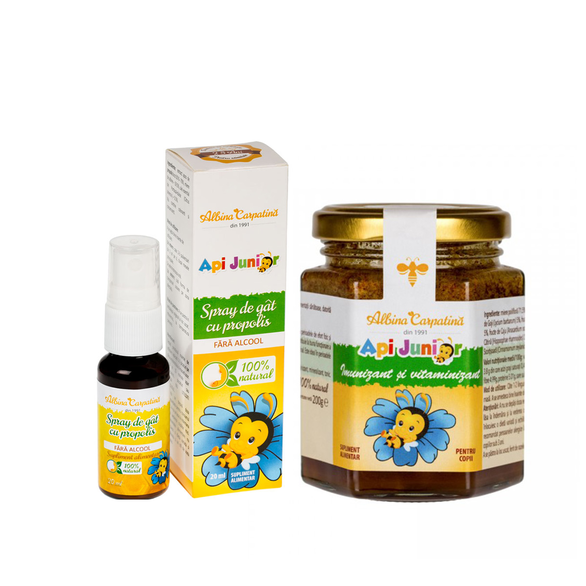 Api Junior imunizant si vitaminizant 200g + spray de gat cu propolis 20 ml, Albina Carpatina