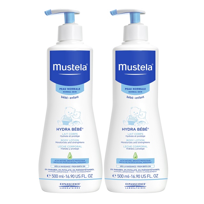 Pachet Lotiune de corp hidratanta pentru piele normala Hydra Bebe, 500 + 500 ml, Mustela