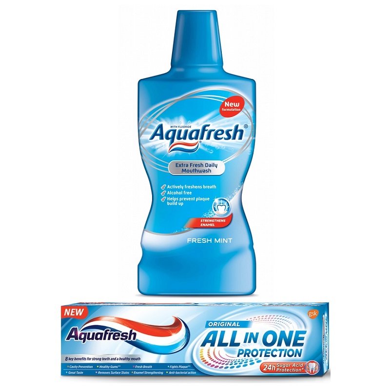 Pachet Pasta de dinti All in One Protection Original, 75 ml + Apa de gura fara alcool Aquafresh, 500 ml, Gsk