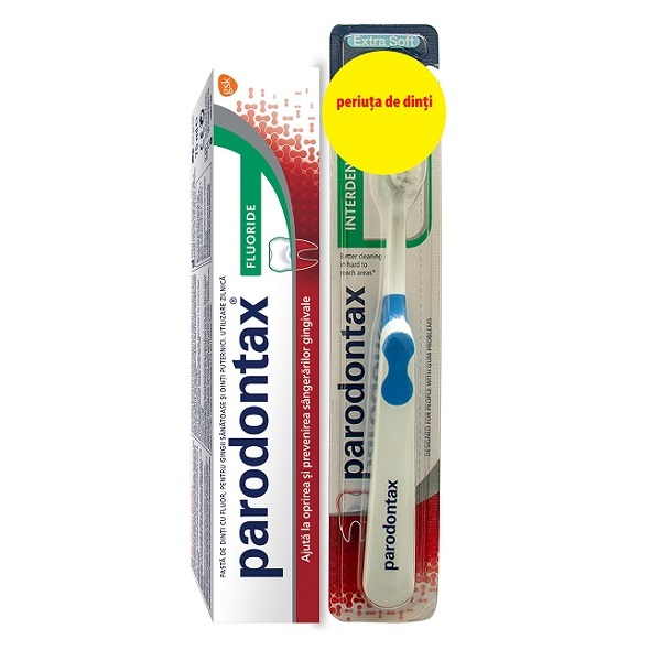 Pachet Pasta de dinti Fluoride Parodontax, 75 ml +  Periuta de dinti Interdental Extra Soft Parodontax, 1 bucata, Gsk