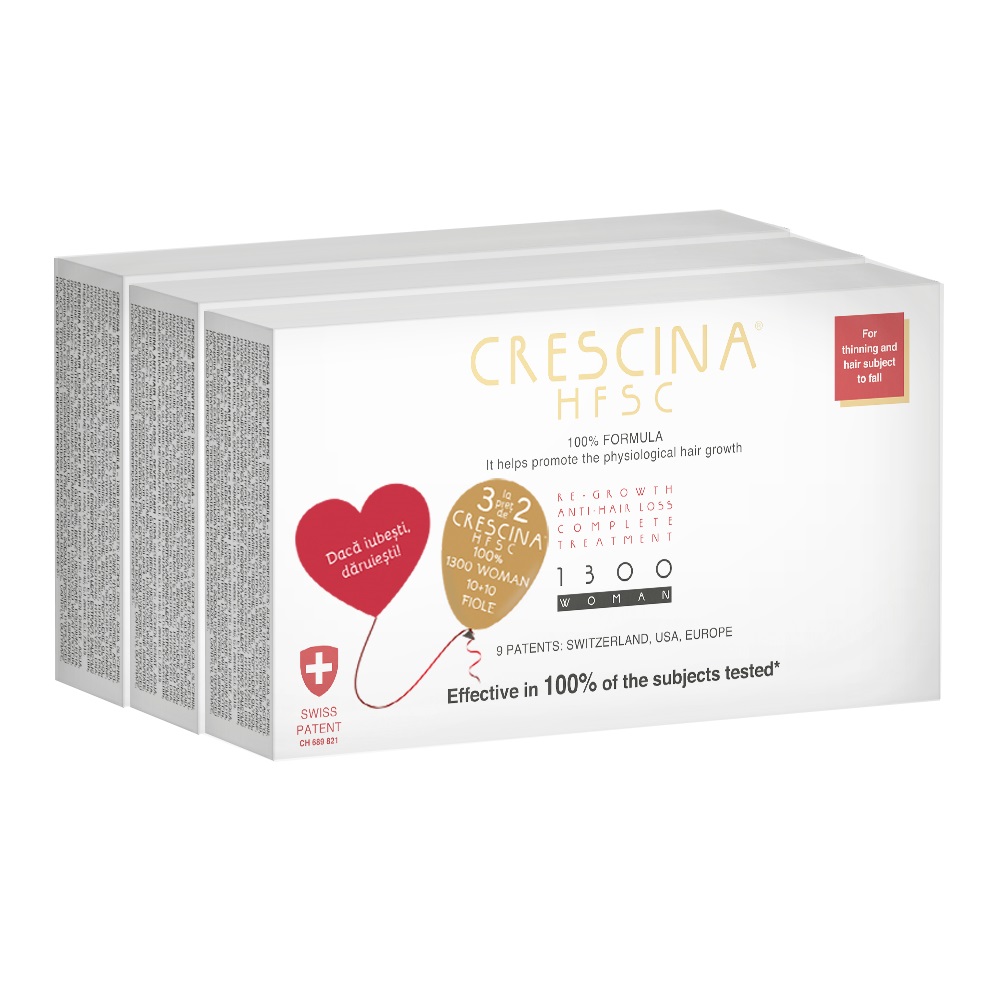 Pachet Tratament complet de crestere si combatere a caderii parului Crescina HFSC 1300 Woman, 3 x 10 + 10 fiole, Labo