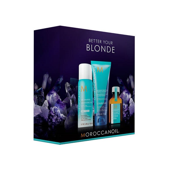 Pachet Tratament pentru par fin, 25ml + Sampon Blonde Perfecting Purple, 70ml + Sampon uscat, 65ml, Moroccanoil