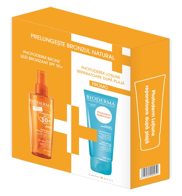 Ulei uscat Photoderm Bronz SPF 50+ Bioderma, 200 ml + Lotiune reparatoare dupa plaja Photoderm Apres-soleil, 200 ml, Bioderma