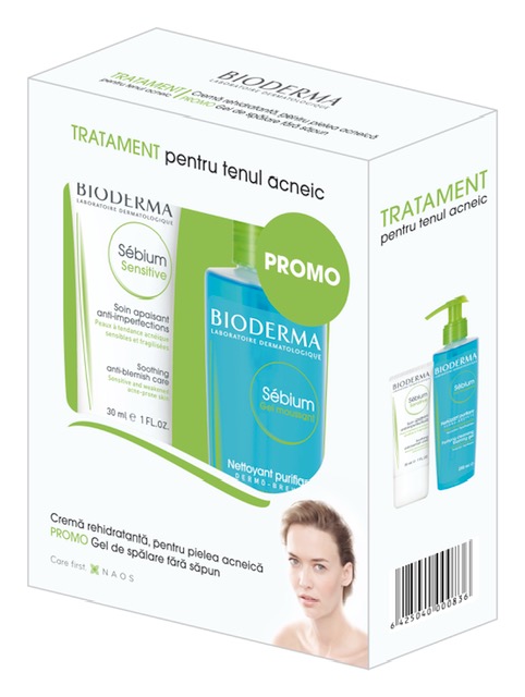 Fluid calmant si hidratant pentru pielea acneica Sebium Sensitive, 30 ml + Gel spumant Sebium, 200 ml, Bioderma